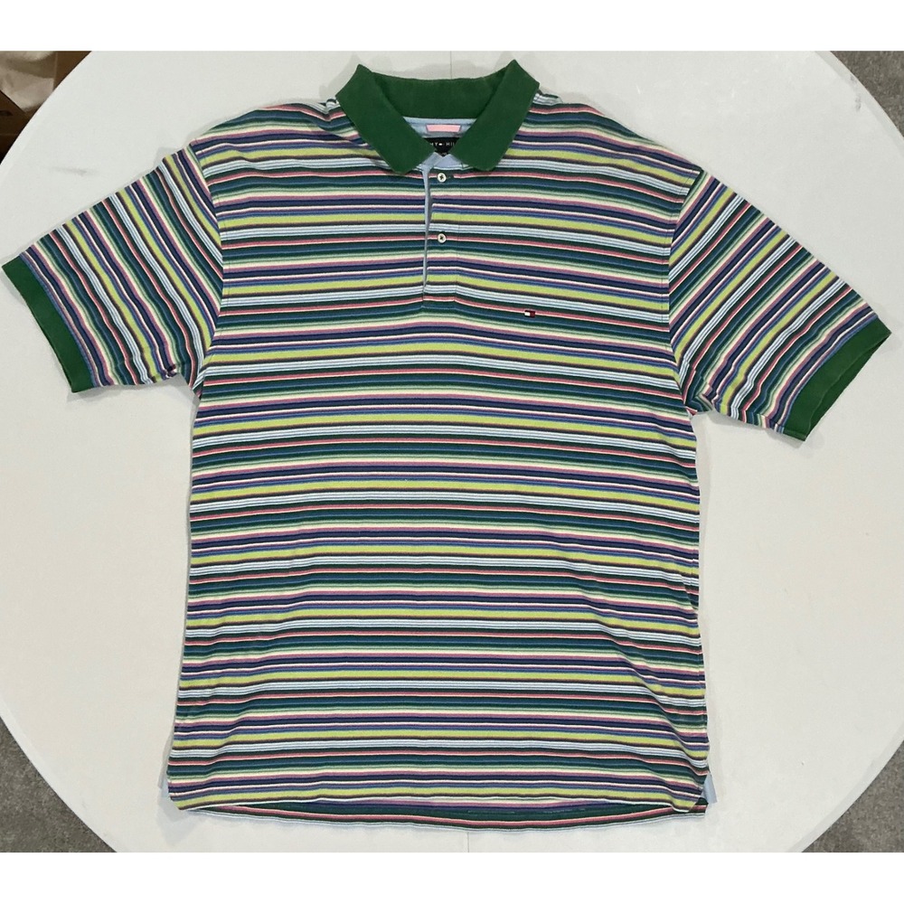 Y2K Tommy Hilfiger Muilt Color Block Polo Shirt XL Striped Short Sleeve Preppy